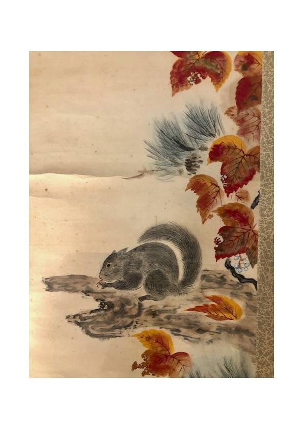 1854 - 1911 NOMARA FUMI  Ecole de SHIJO - Kyoto -  Pour les japonais, un écureuil est simplement une “souris à châtaignes”,il est une invitation à se préparer pour un grand changement. Il apprend aussi à garder son énergie pour un besoin ultérieur mais au